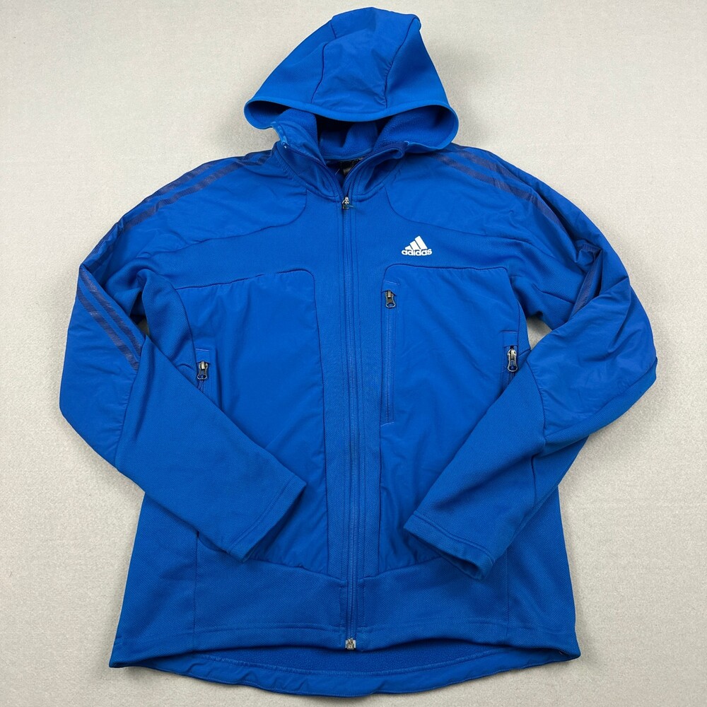 Adidas Track Jacket Men Large Blue Solid Full Zip 3 Stripes Hood Pockets L